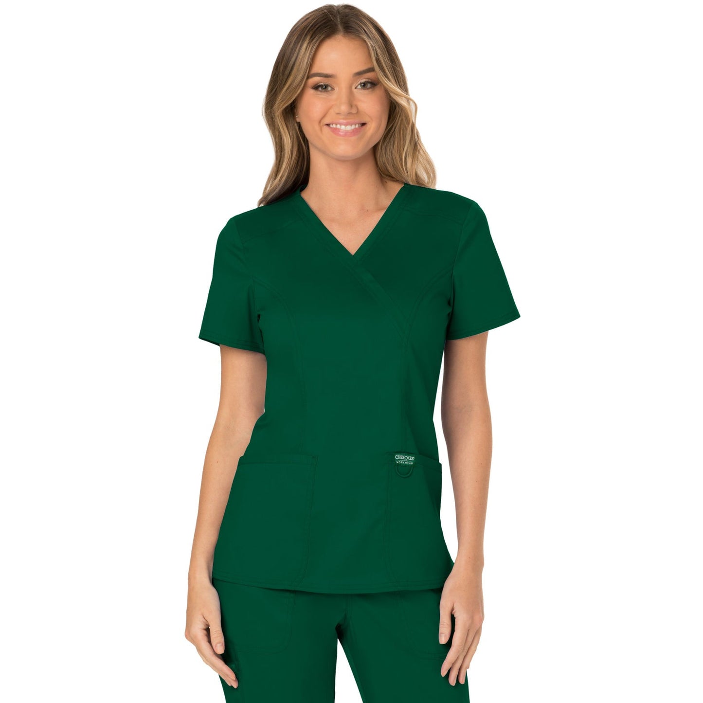 Cherokee Workwear Revolution Women's 2-Pocket Mock Wrap Top