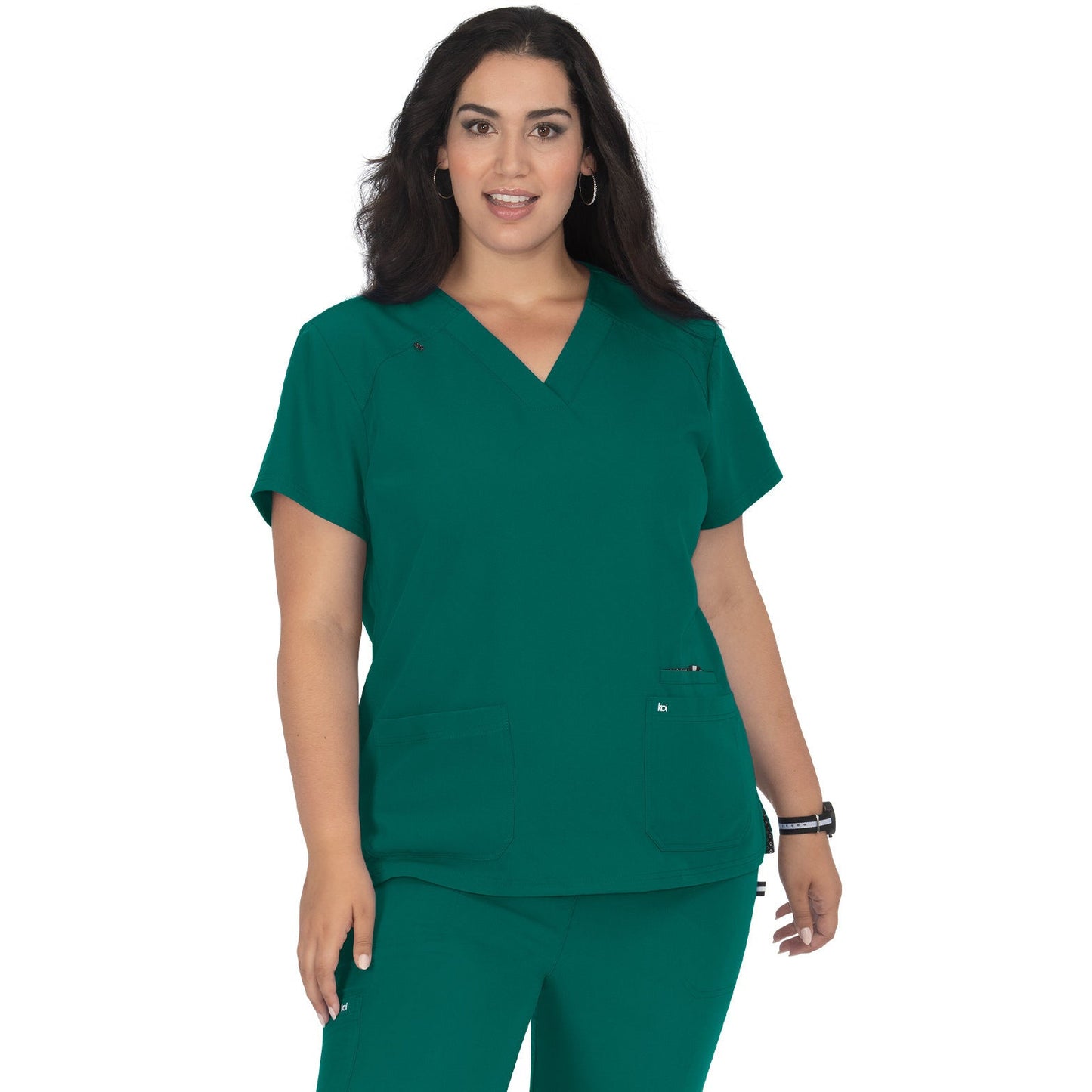 KOI Next Gen Women's 3-Pocket Wide V-Neck Stretch Hustle and Heart Top